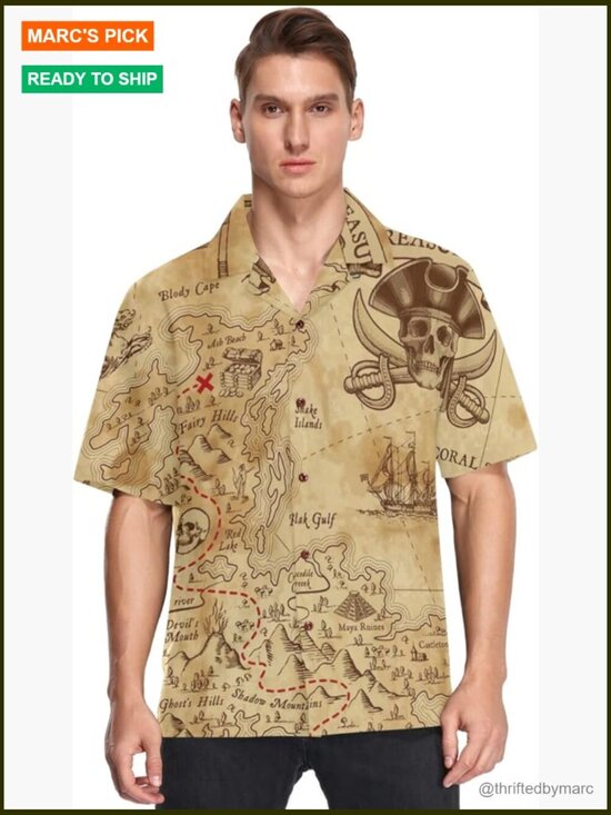 Other - Men's Retro Pirates Treasure Map Short Sleeve Button Down Shirt Summer Beach